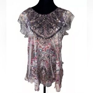 Whimsigoth Fairy L Top Y2K Boho Embroidered Studded Multi Blouse Ruffle Cottage
